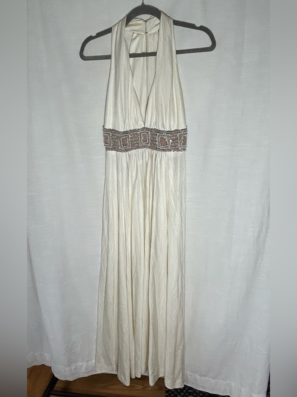 True Vintage Circa 1970's Cream Halter Maxi Dress with Embellished Beaded Waist